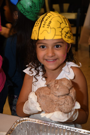 a very small female with a yellow brain hat holding a human brain