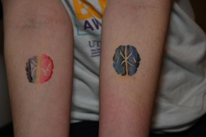 a close-up phote of the rubber stamp brain tattoos