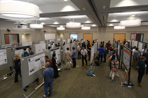 A long shot taken from an elevated position showing most of the room and many people milling about the posters.